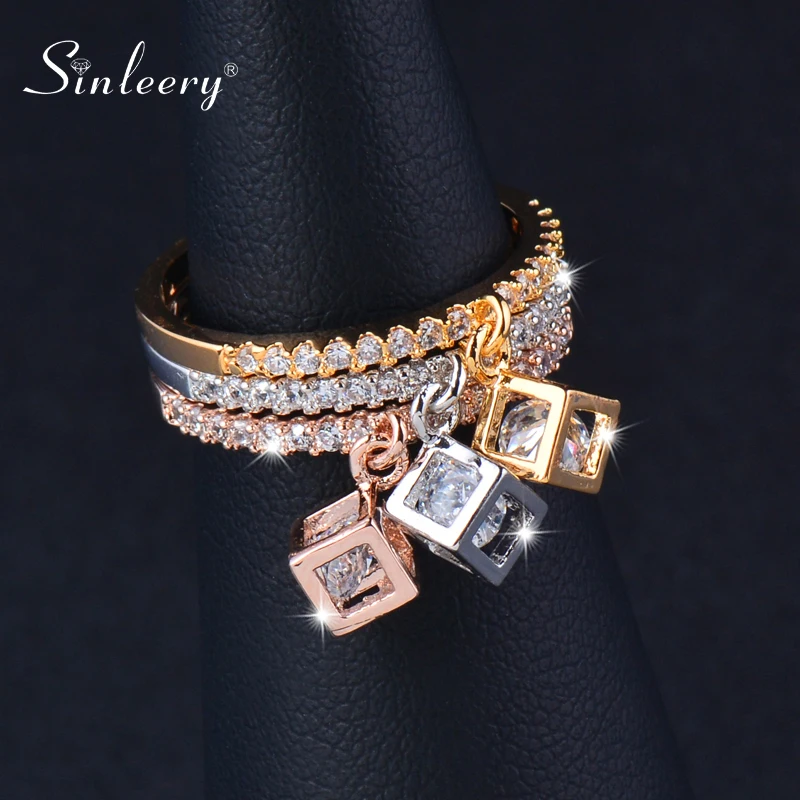 SINLEERY Charm Cubic Zirconia Crystal Inside Hollow Square Pendant Rings For Women Girls