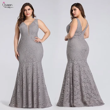 

Plus Size Mermaid Evening Dress Double V-neck Sleeveless Floor-length Backless Lace Dress Zipper-up Dress for Party