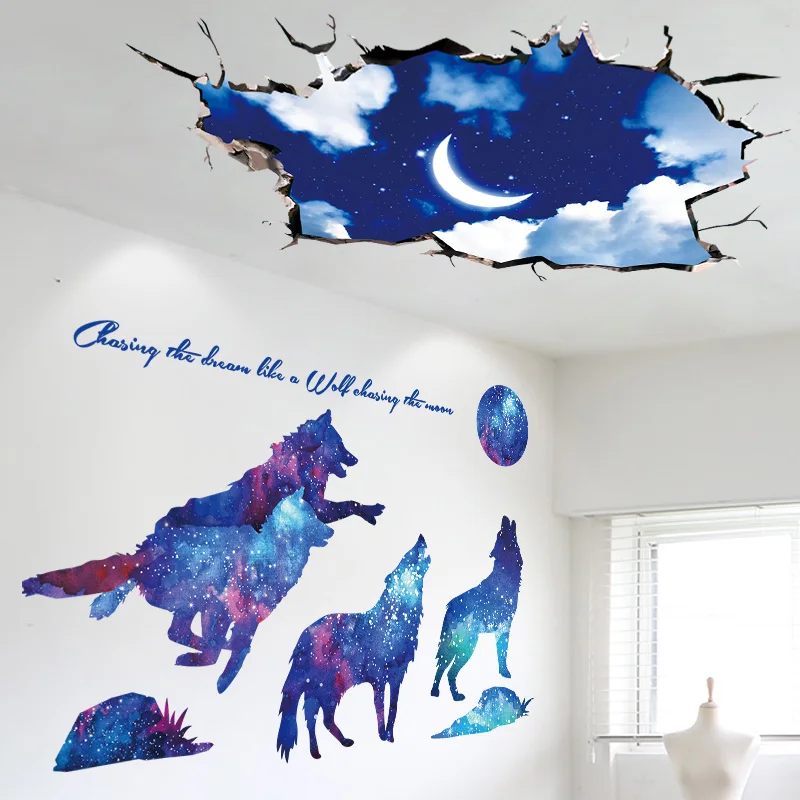 [SHIJUEHEZI] Wolf Animals Wall Stickers for Kids Rooms Baby Bedroom Nursery Home Decoration DIY Night Sky Moon Mural Decals | Дом и сад