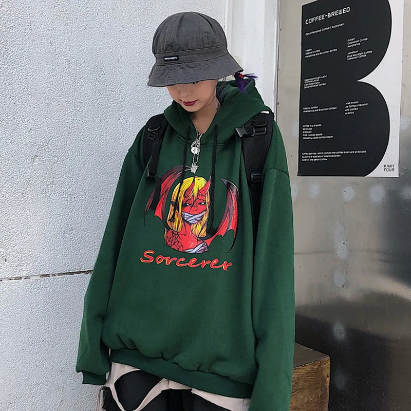 Lychee Harajuku Devil Girl Женские флисовые толстовки с капюшоном повседневные свободные женские флисовые толстовки Пуловеры Весна Осень Женские топы