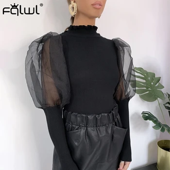 

FQLWL Turtleneck Ribbed Knitted Sweater Women Pullover Shirt 2019 Puff Sleeve White Black Red Mesh Sweater Female Jumper Tops