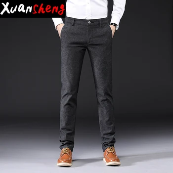 

2020 Autumn Winter New Men's Slim Casual Pants Fashion Business Stretch Thicken Trousers Male Brand Plaid Pant Black Blue Pants