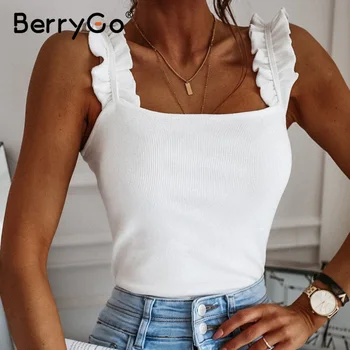 

BerryGo casual suspender sleeveless blouse solid color women's elegant frill sexy slim top high street fashion office top 2020