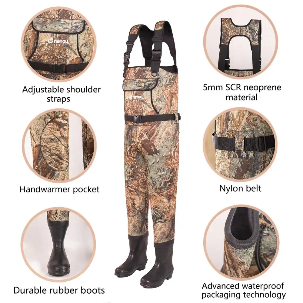 5MM waterproof neoprene insulated thermal fishing chest wader with rubber boots
