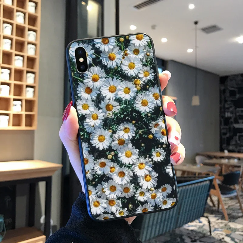 Kecil Bunga Aster Bunga TPU Hitam Ponsel Case Shell UNTUK iPhone 8 7 6 6S Plus X XS MAX 5 5S SE XR 11 11pro Promax Ponsel