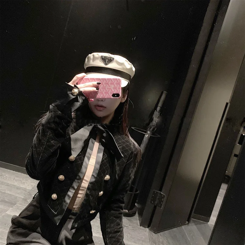 

French Retro Palace Style Velvet Rhombus Small Cotton Coat Women's Deconstructable Bow Collar Elegant Short Coat Tops