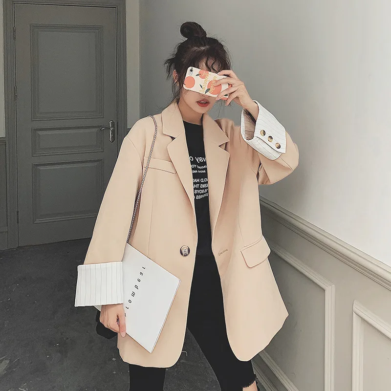 

Early Autumn Coat Women's 2019 New Style Korean-style Loose Retro Fashionable Mid-length One-Button Stripes Cuff Small Suit