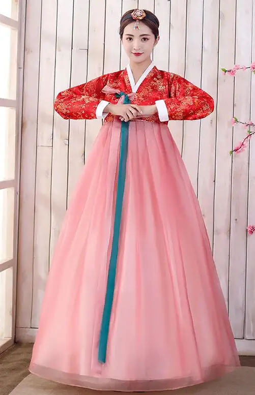 Традиционный Азиатский Национальный дворец корейский Костюм женский корейский ханбок платье народная сценическая танцевальная одежда - Цвет: Розовый