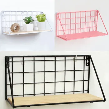 

Wrought Iron Grid Wooden Bottom Shelf Pink White Black Brief Metal Wire Floating Wood Rack Shelves For Living Room Bedroom
