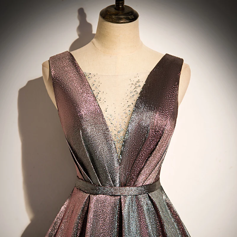 Sparkly V-Neck Red Prom Dresses Puff Sleeves A-Line Evening Dresses Starry Tulle Formal Party
