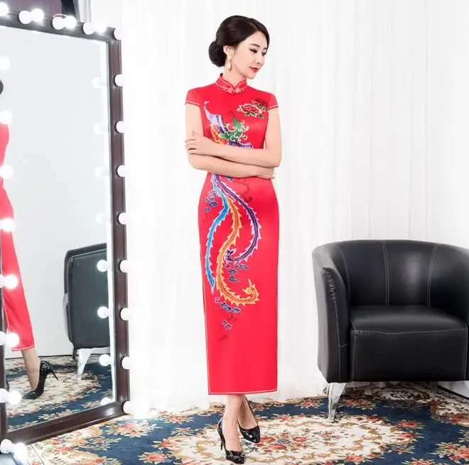 Для женщин, из искусственного шелка Qipao воротник стойка ручной работы Кнопка Cheongsam Новинка китайский формальный печати платье Большие размеры M L XL XXL XXXL - Цвет: RED