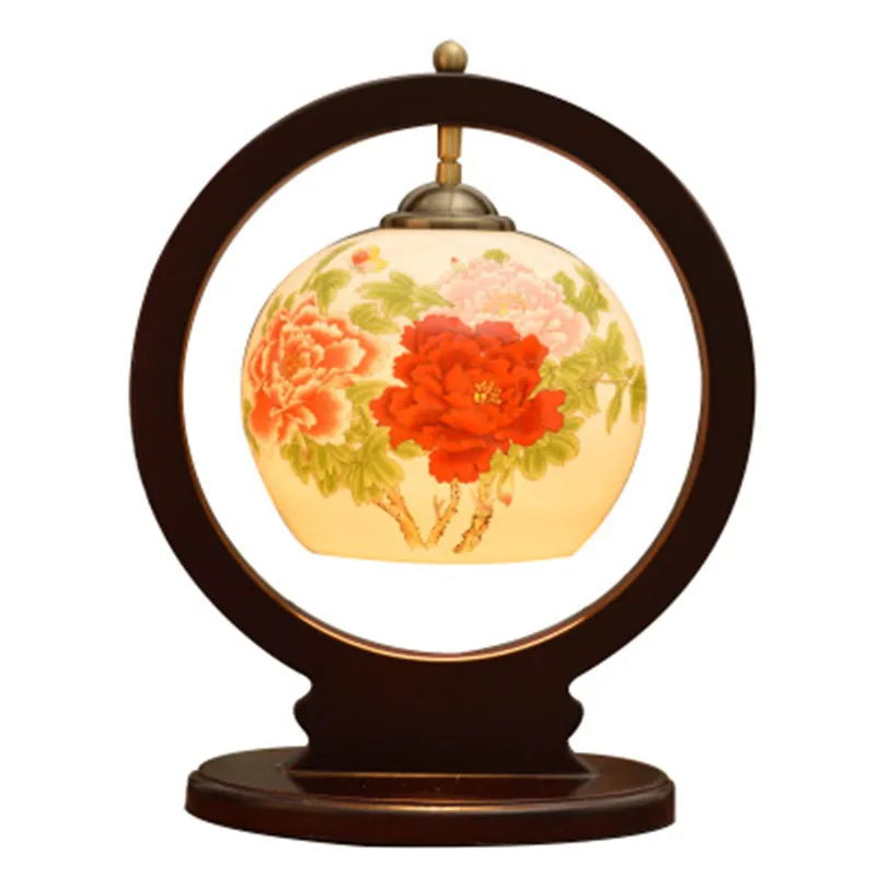 New Chinese antique creative ceramic table lamp bedroom bedside lamp American Pastoral flower painting solid wood desk lamp