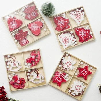 

8PCS or 12PCS DIY Snowflakes Elk Trojan Christmas Wooden Pendants Ornaments For Xmas Tree Ornaments Party Decorations Kids Gift