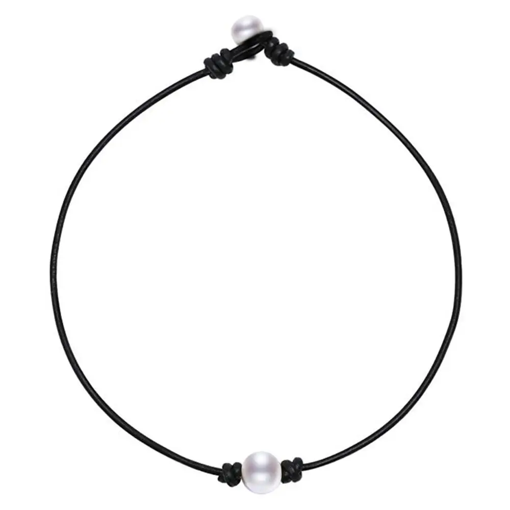 

Single White 100% Natural Freshwater Pearl Choker Necklace for Women Genuine Leather Jewelry Handmade