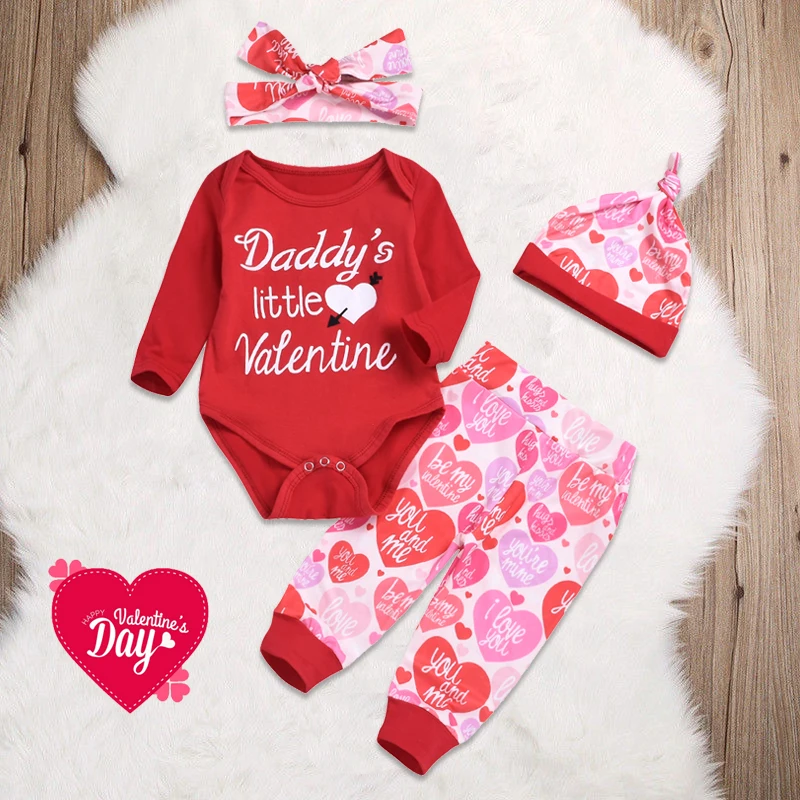 Одежда для новорожденных мальчиков и девочек с надписью «My 1st Valentine», модные топы, комбинезон+ штаны, комплект с шапочкой