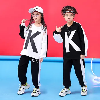 

Kids Cool Hip Hop Clothing Black White Loose Sweatshirt Top Running Casual Pants for Girls Boys Jazz Dance Costume Clothes Wear