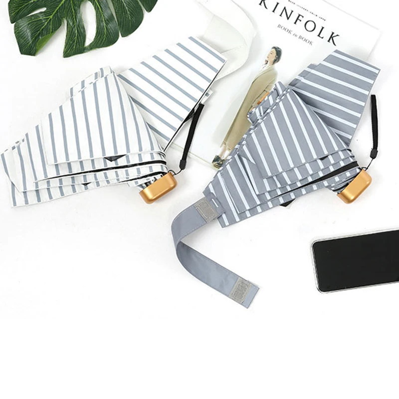 

New Creative Stripe Small Umbrella Rain women Folding Mini Windproof Black Coating Anti UV Parasol Women's Umbrella
