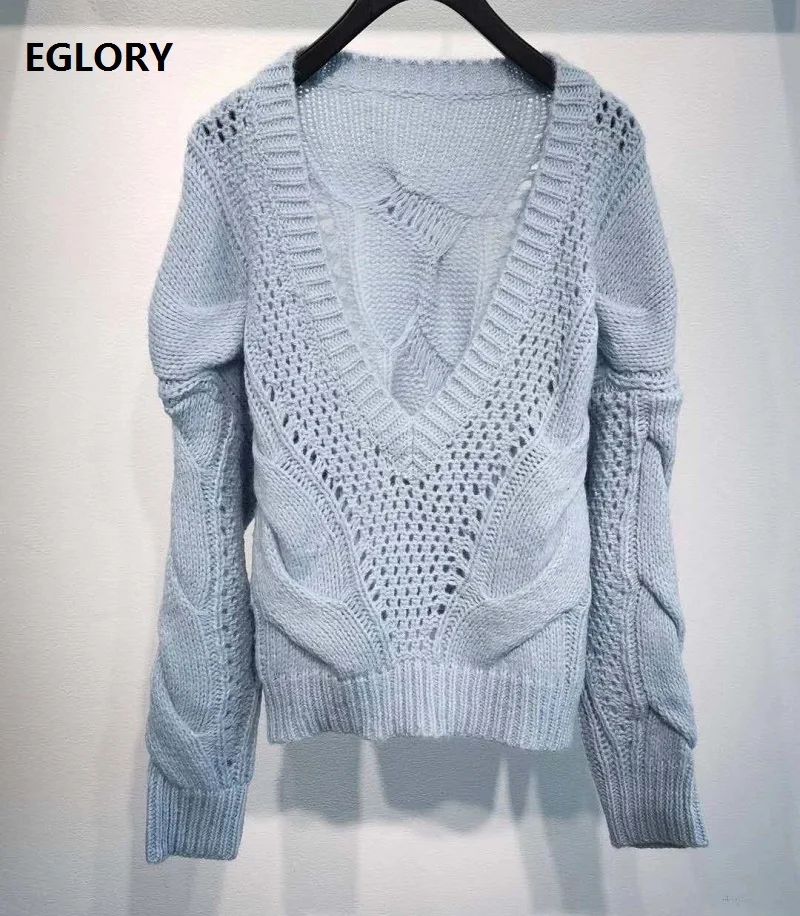 

Sexy V-Neck Sweaters 2020 Autumn Winter Pullovers Women Hollow Out Crochet Knitting Long Sleeve Casual Blue Pullover Sweaters
