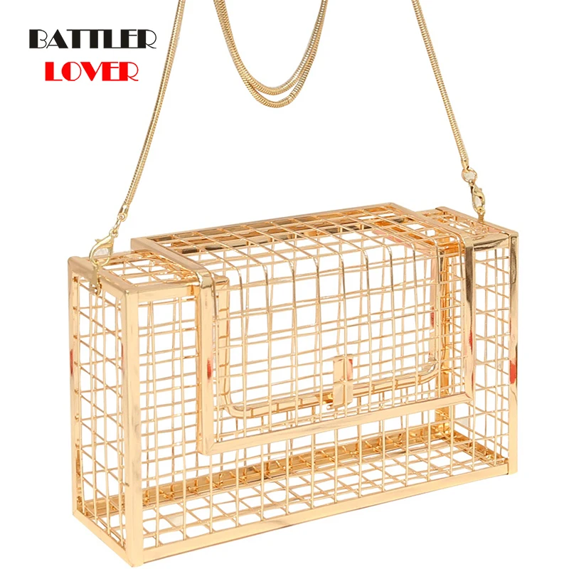 Hollow Out Clutch Bird Cage Shape Women Handbag Tote Girls Top-Handle Metal Purse Fashion Party Pouch Evening Bag