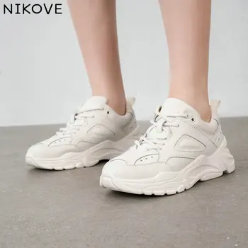 

NIKOVE 2020 Elegant Round Toe Women Pumps Shoe Leather+PU Lace Up Wedge Med Heel Solid Casual Beige Fashion Shoes Size 35-39