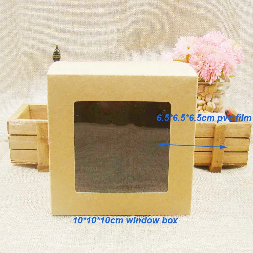 

10*10*10cm30pcs FREE SHIPPING Kraft Brown Wedding Candy Boxes with transparent pvc Window,Birthday Gift Box .favors window box