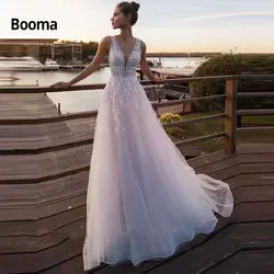 Booma пляжные Розовые Свадебные платья мягкий тюль с кружевной аппликацией принцесса свадебные платья v-образным вырезом ТРАПЕЦИЕВИДНОЕ