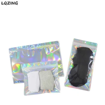 

50pcs/lot Flat Holographic Laser Zip lock Package Bags Big Size Clear Front Laser Rectangle Foil Zip Lock Plastic Bags Hang Hole