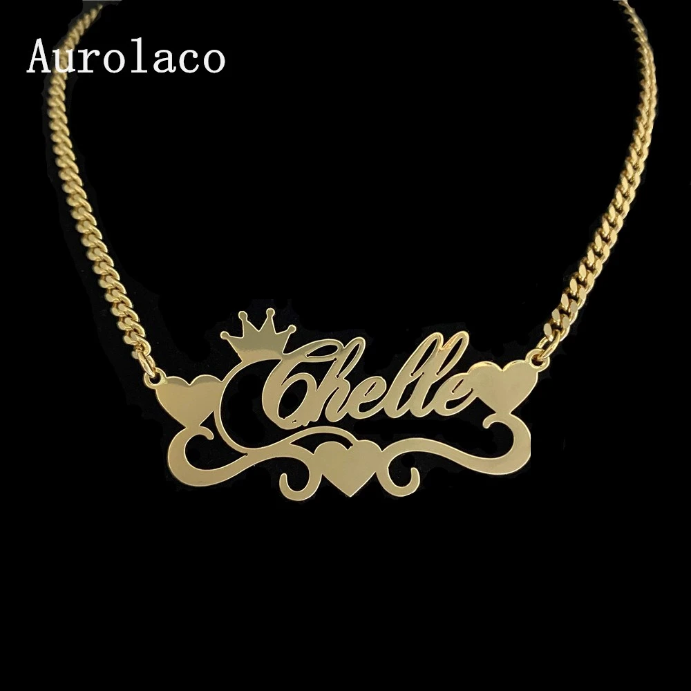 Aurolaco Custom Name Necklace With Heart Personalized Stainless Steel Gold Nameplate Cuban Chain Necklace For Women Gift Customized Necklaces Aliexpress