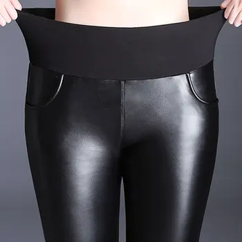 

Winter Women's Leather Pants Autumn High Quality Plus Size High Waist Plus Velvet Thickening Stretch Leather Pants Feet Pu Pants