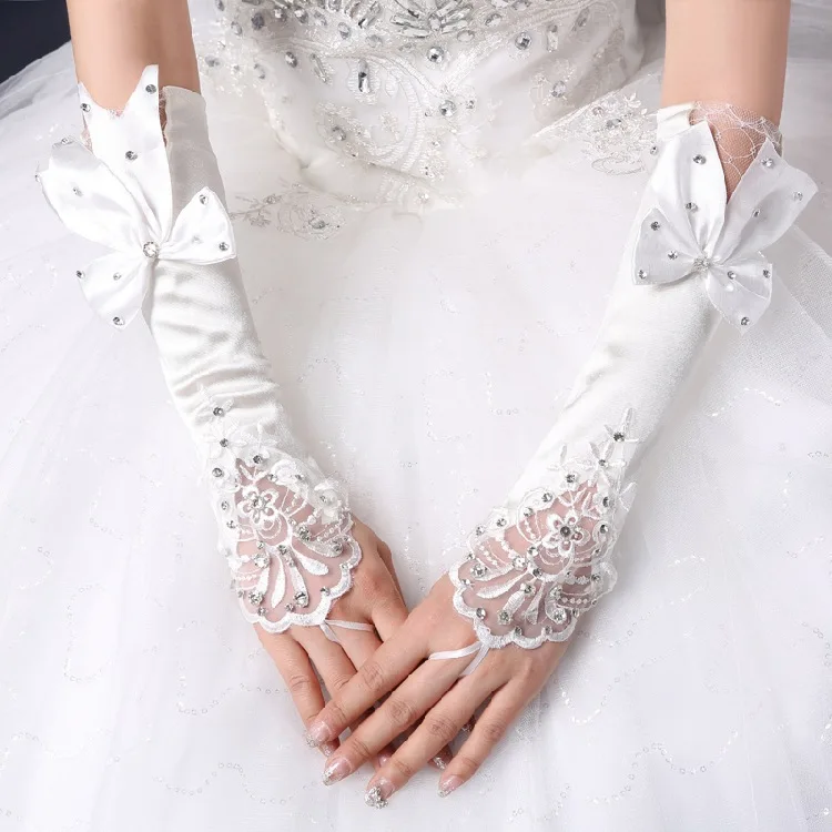 

2019 new bride knot wedding gloves hook small flower bow stick drill long satin plus lace white