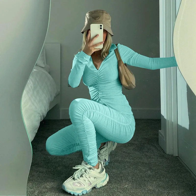 

Комплект спортивной одежды DSMTRC из двух предметов, укороченный Топ с длинным рукавом и V-образным вырезом, леггинсы в складку, спортивный костюм, женский однотонный костюм на осень-зиму 2021