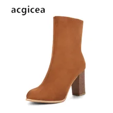 Зима круглый носок, сапоги-трубы; женские; модные туфли на высоком каблуке на молнии, флоковые Толстые со хлопковые теплые женские сапоги w22