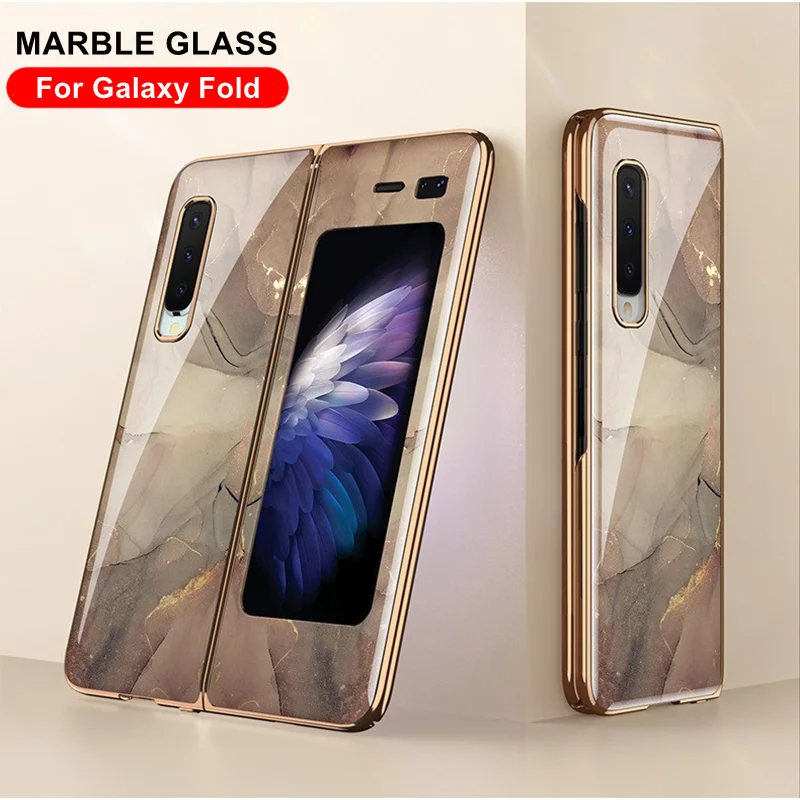 Marble Patterned Glass Case For Samsung Galaxy Fold Phone Case Luxury Plating Frame Hard Back Protective Cover For Z Fold 2
