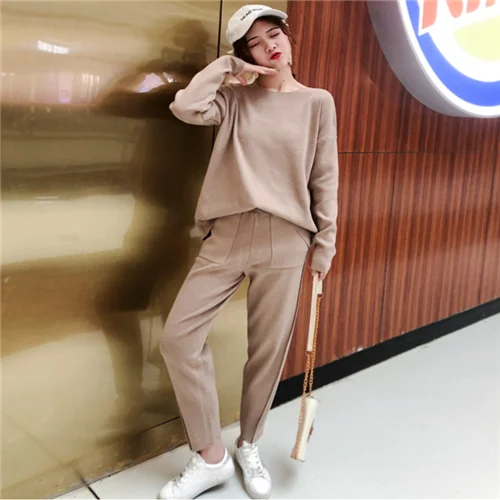 Khaki Том Хаген осенний женский костюм теплый кашемировый спортивный костюм свитер из двух частей вязаный комплект Повседневный Спортивный костюм элегантный набор для бегунов спортивный костюм - Цвет: Khaki