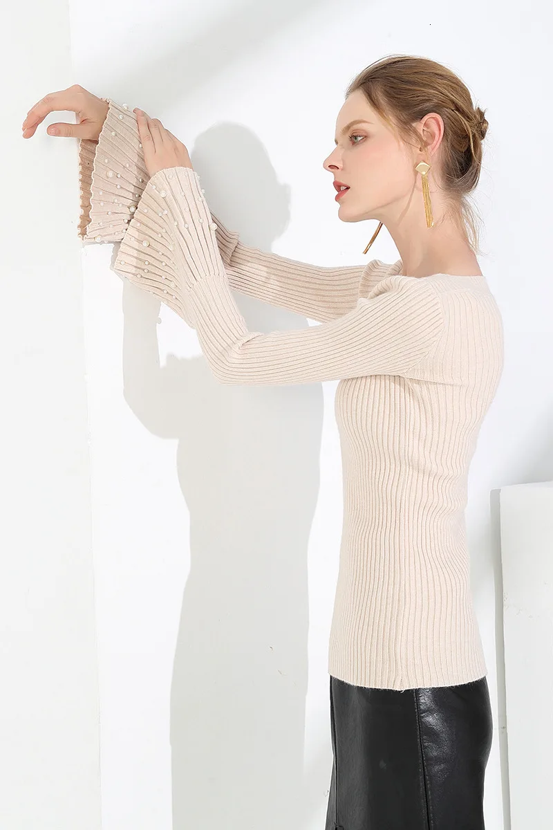 Autumn Winter Nail Pearl Rendering Unlined Garment Pullovers Tops Jumper Sweaters Clothes Female Knitted Women Streetwear