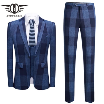

Plyesxale 6XL Blue Plaid Check Suit Slim Fit Wedding Suits For Men 2020 Groom Wear Back Two Splits Prom Party Dinner Suit Q510