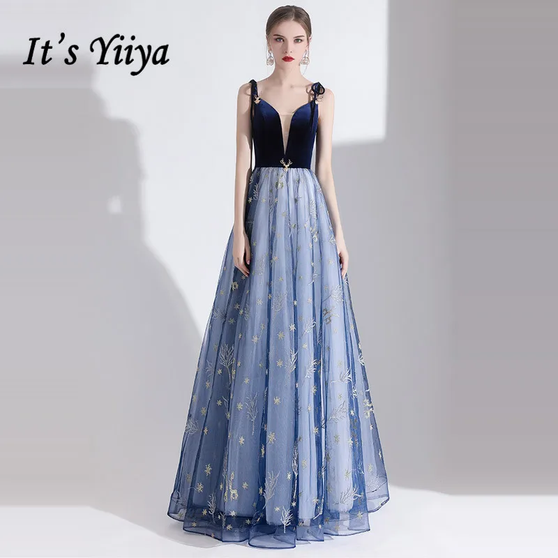 

It's Yiiya Evening Dress Elegant Stars Pattern Spahetti Strap Formal Gowns Navy Blue V-neck Long Party Robe de Soiree E1316