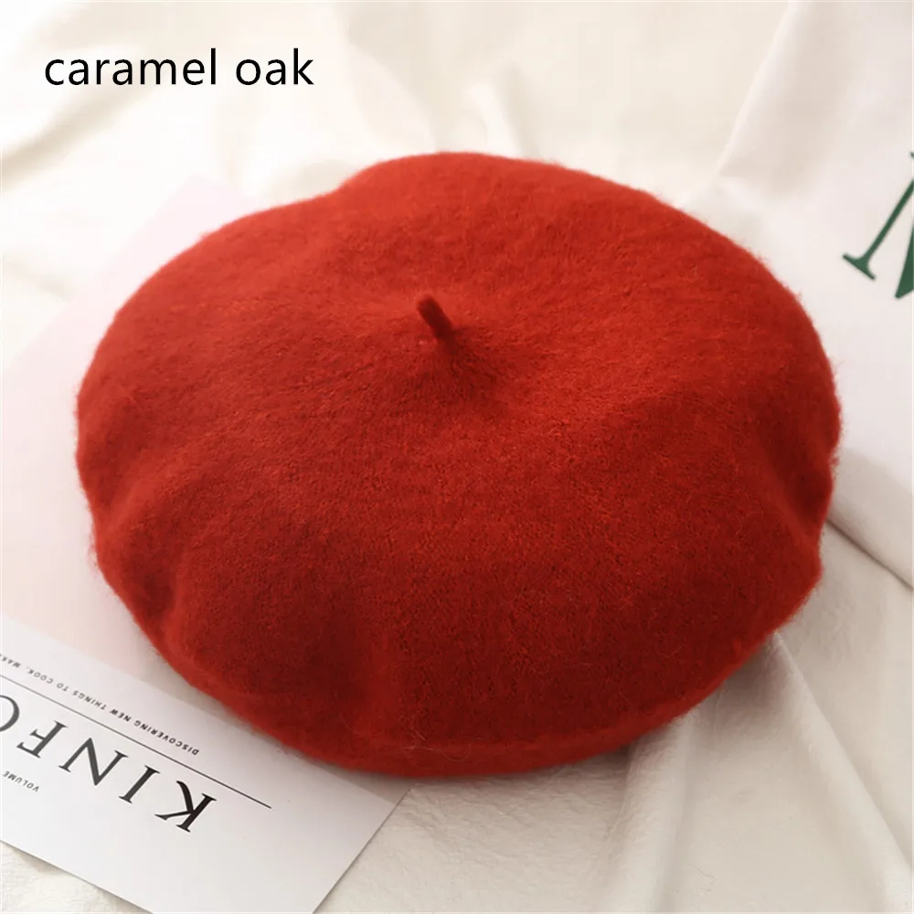 caramel oak 1 шт. шерстяной берет, шапки для женщин, французская шапка для девушек, чистый цвет, Осень-зима, берет, плоская кепка, шапка, фетровые береты, зимняя шапка для рыбалки - Цвет: caramel oak