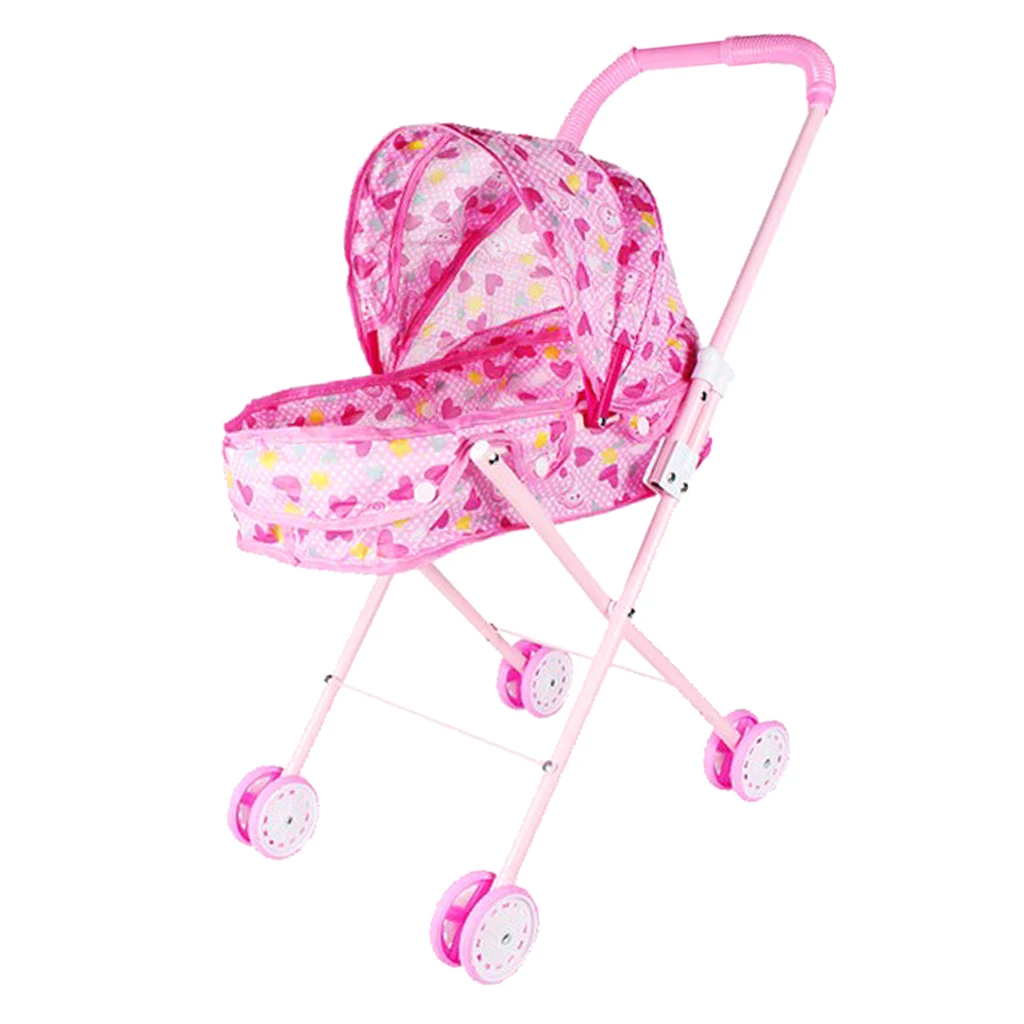 Mini Plastic Baby Push Cart Pushchair Dolls Accs Kids Pretend Play Toy Heart