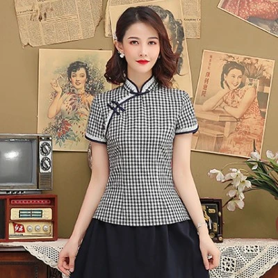 Blue qipao top SHENG COCO клетчатая полоса 2 шт. китайский костюм Женская хлопковая одежда в китайском стиле Cheongsam блузка черный красный платье в клетку комплект - Цвет: Blue qipao top