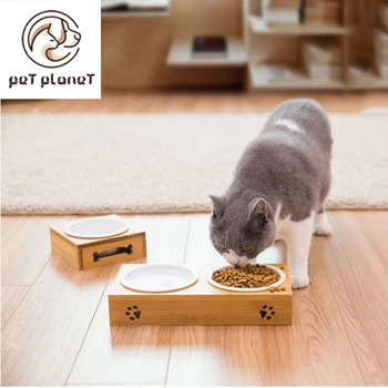 

Cat Bowl for Dog Pet Double Ceramic Bowls with Bamboo Base Cat Food Water Stainless Steel Bowl Feeding Drinking Supplies Feeder
