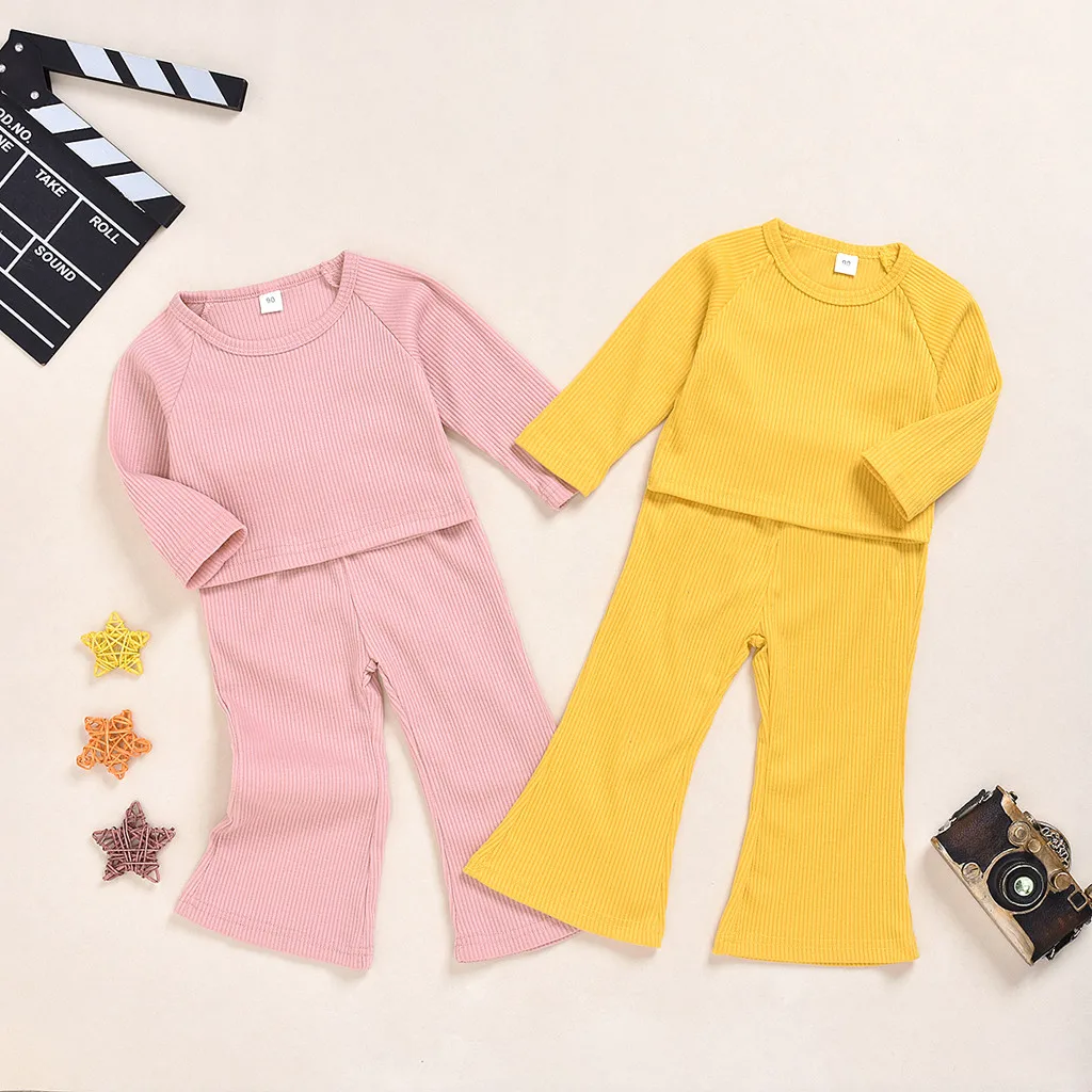 Комплект одежды для детей 1-6 лет, однотонные Короткие топы с длинными рукавами для маленьких девочек+ расклешенные штаны, комплекты одежды, vetement enfant fille