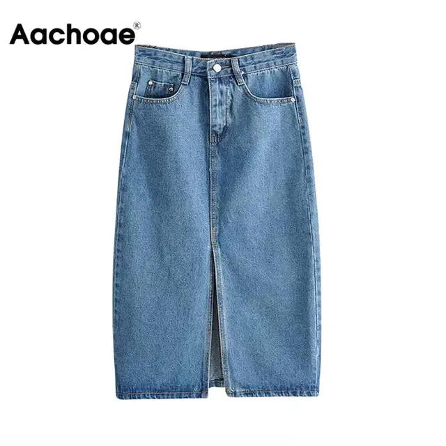US $14.48 Aachoae Sexy Denim Skirts Women 2020 Fashion Split Mid Calf Length Skirts Vintage Pocket Blue Saia 