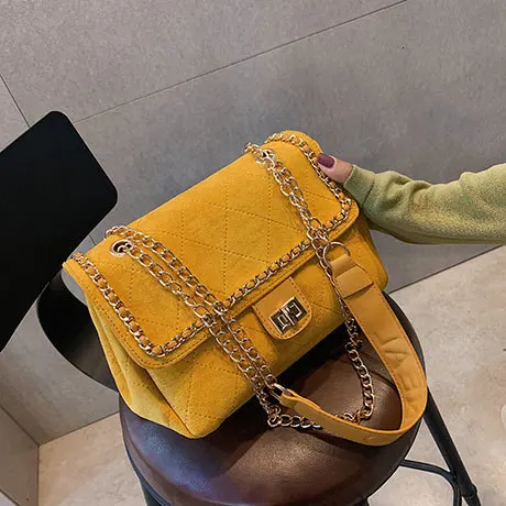Классическая винтажная клетчатая женская сумка-тоут новая качественная матовая кожаная женская дизайнерская сумка с замком и цепочкой на плечо - Цвет: Yellow trumpet