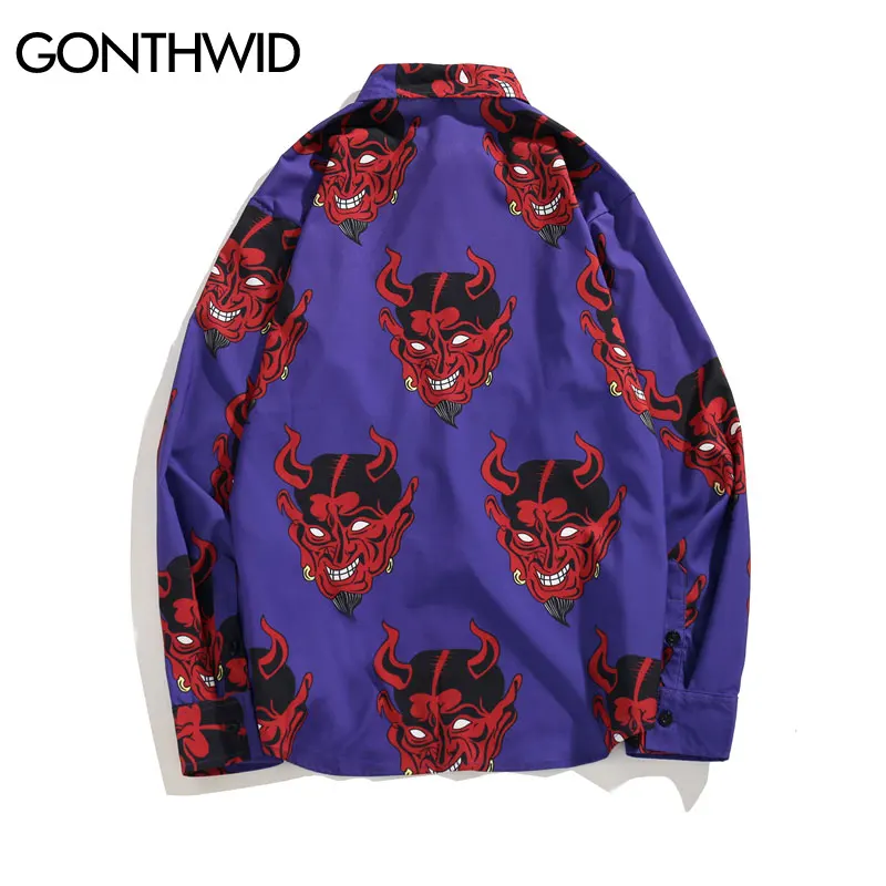 GONTHWID Devil/рубашки с длинными рукавами и принтом в стиле Харадзюку, Повседневная рубашка на пуговицах, уличная мода, повседневные рубашки, футболки, топики