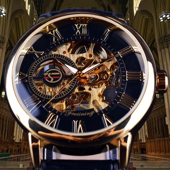 

3D Mechanical Watch Black Gold Case Leather Skeleton Transparent Watches Men Luxury Transparent Male Steampunk Heren Horloge