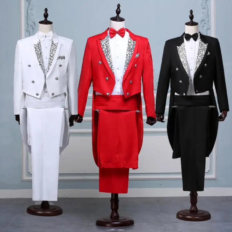 Men Black White Lapel Tail Coat Stage Performance Singer Costume Vintage Tuxedo Blazer Vest Pants Tie Wedding Groom Prom Set |
