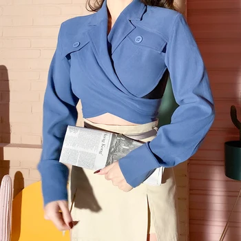

2019 New Star Show Blue Slim Short Suit Coats and Jackets Women Special Design Front Cross Back Button Fashion Women's Clothing