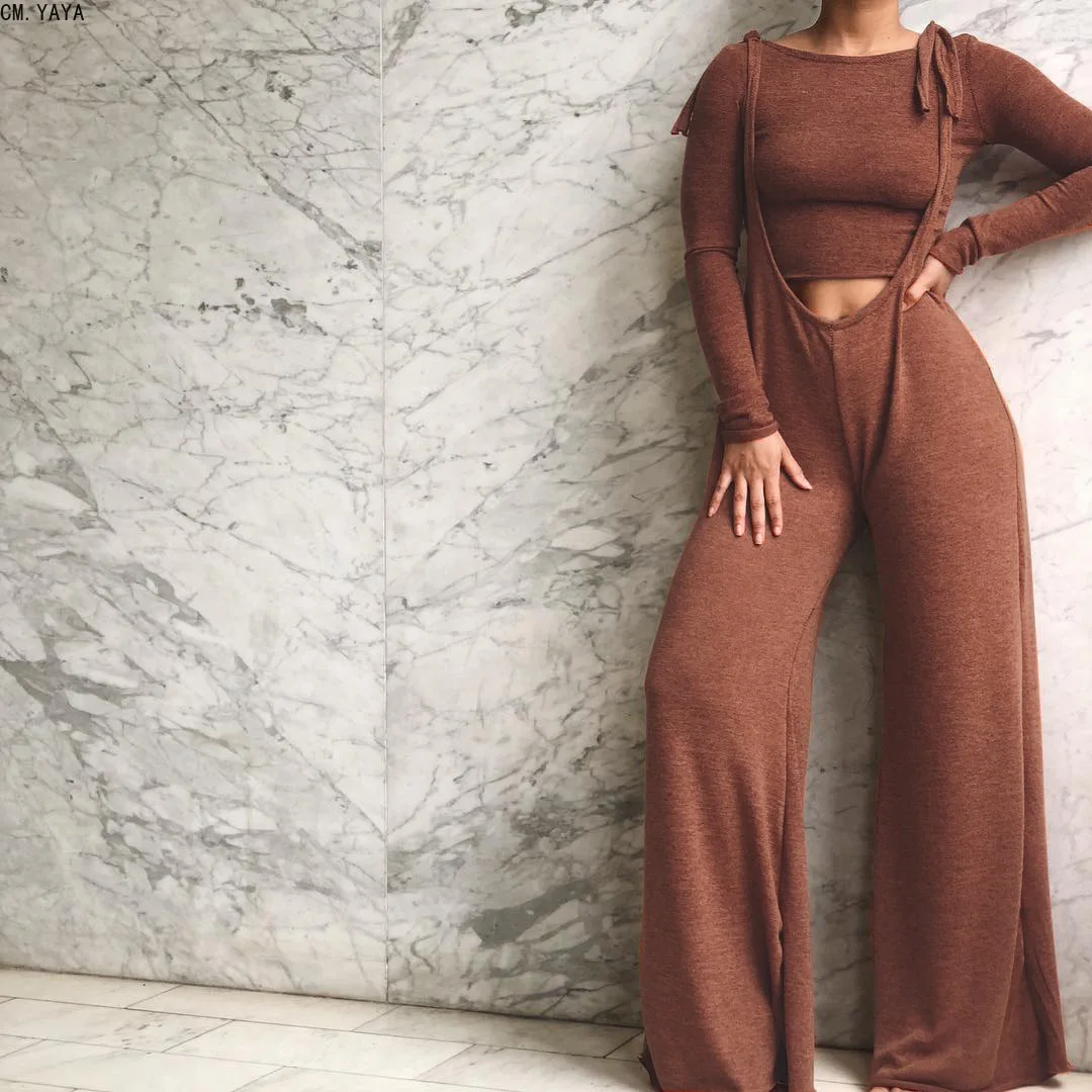 

CM.YAYA Casual Two Piece Set Crop o-neck Fashionable solid color trouser suit autumn Outfits for Women CMDN8288