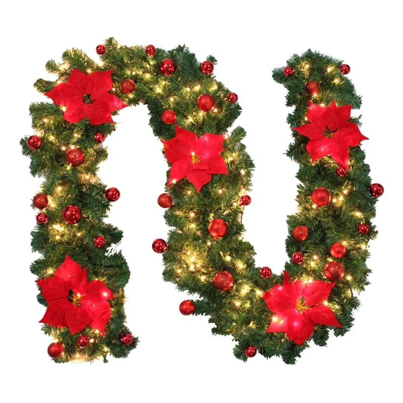 

9 Ft Pine Cone Christmas Wreath (Red) With Battery Powered LED Light String Front Door Hanging Garland Holiday Home Decorations